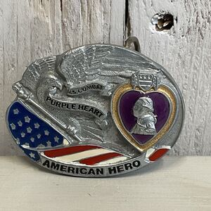 American Hero Belt Buckle 1996 Mens US Combat Purple Heart Dimensional Patriotic